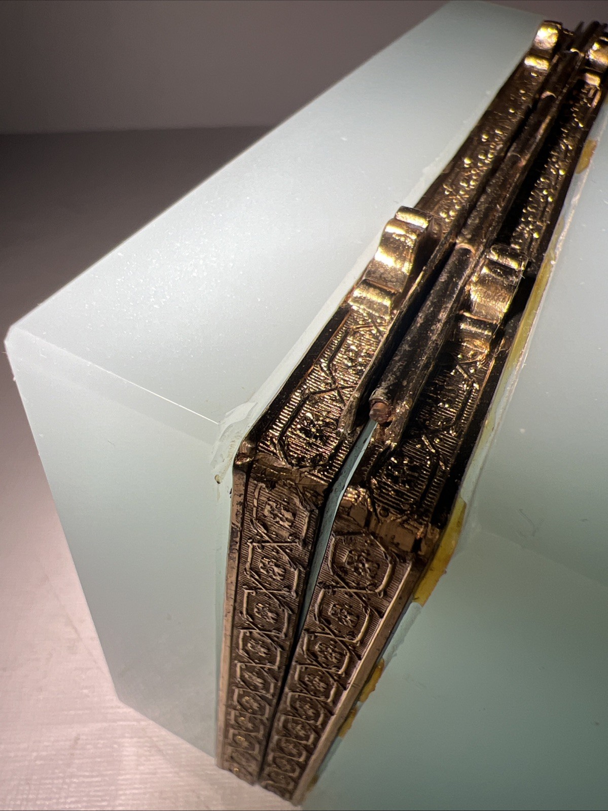Antique French Opaline Blue Glass Box Hinged Brass Vintage Jewelry