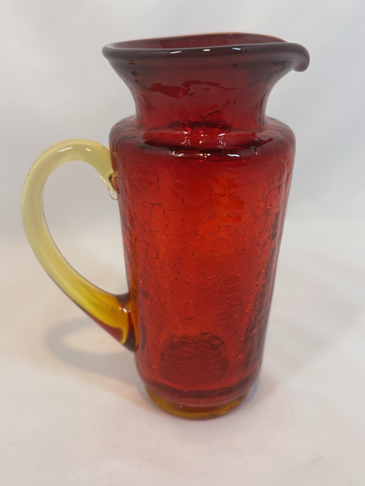 Vtg Red Yellow Amberina Crackle Glass 5.5” Pitcher Mid Century Glass
