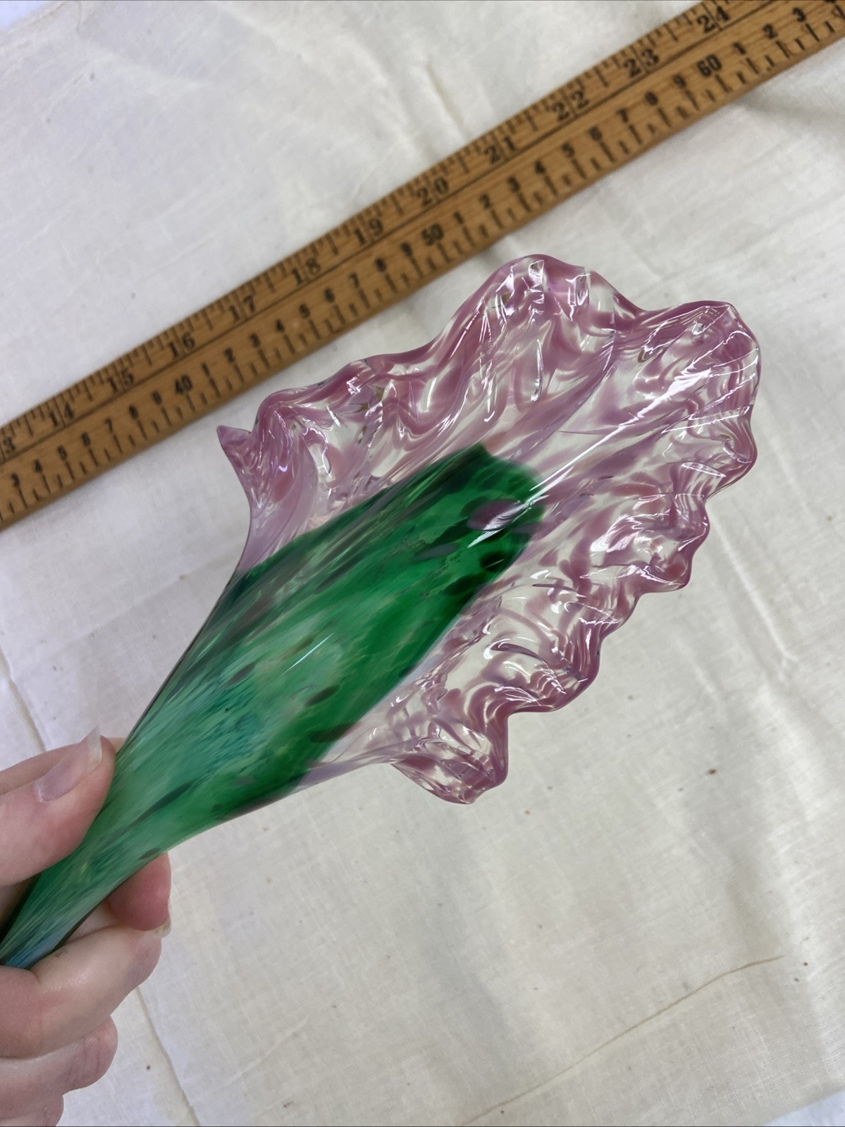 Two Vintage Handblown Art Glass Flowers Pink Purple & Green