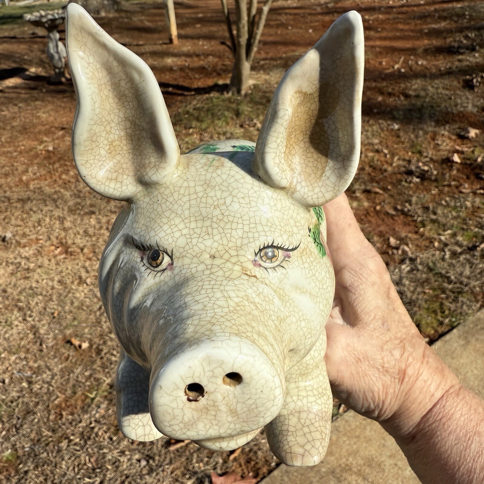 VTG Painted pottery pig statue Crazed Finish 7”X 4.5” X 9”￼
