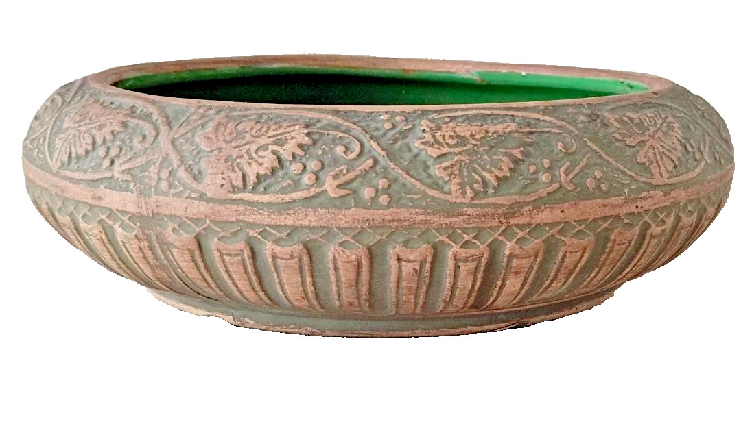 ANTIQUE RED WING BRUSHWARE GRAPE LEAF BULB BOWL PLANTER ARTS CRAFTS POTTERY 10in