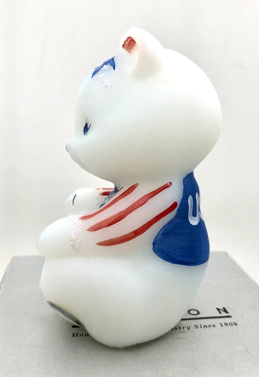 Vintage Fenton Glass Stars and Stripes Patriotic USA Signed Bear Figure Box, COA