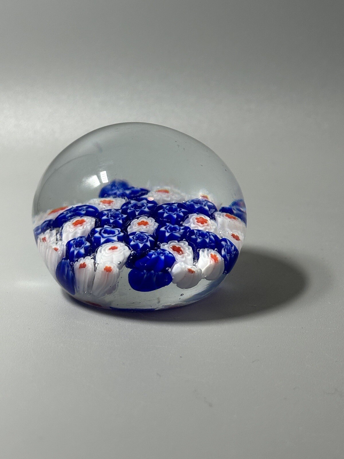 Millefiori Floral Flower Blue Red Art Glass Heavy Paperweight Murano Style H
