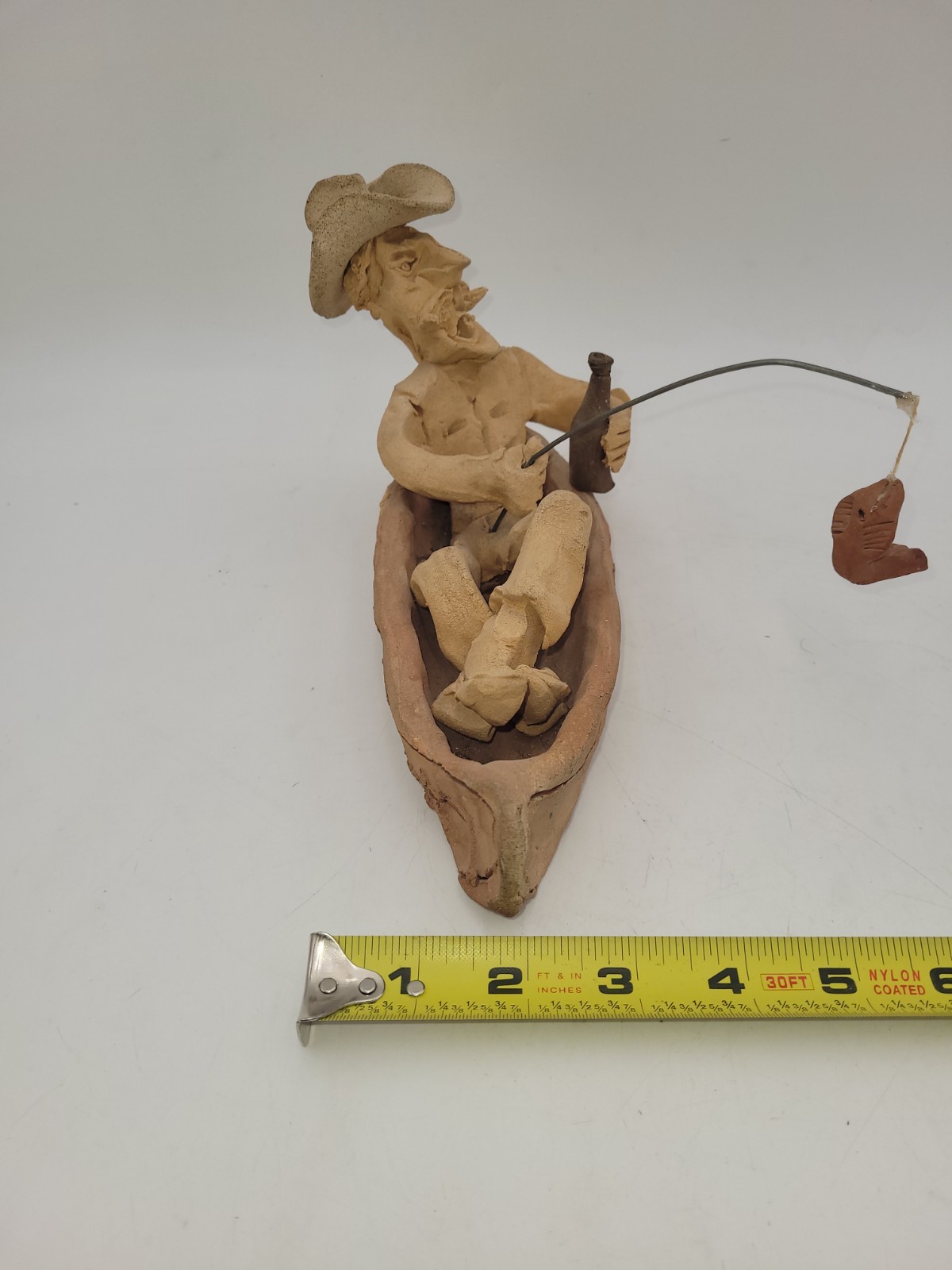 Vtg Signed Tom Schoolcraft Sculptures Canoe Fishing Cowboy 9″ Pottery Sedona