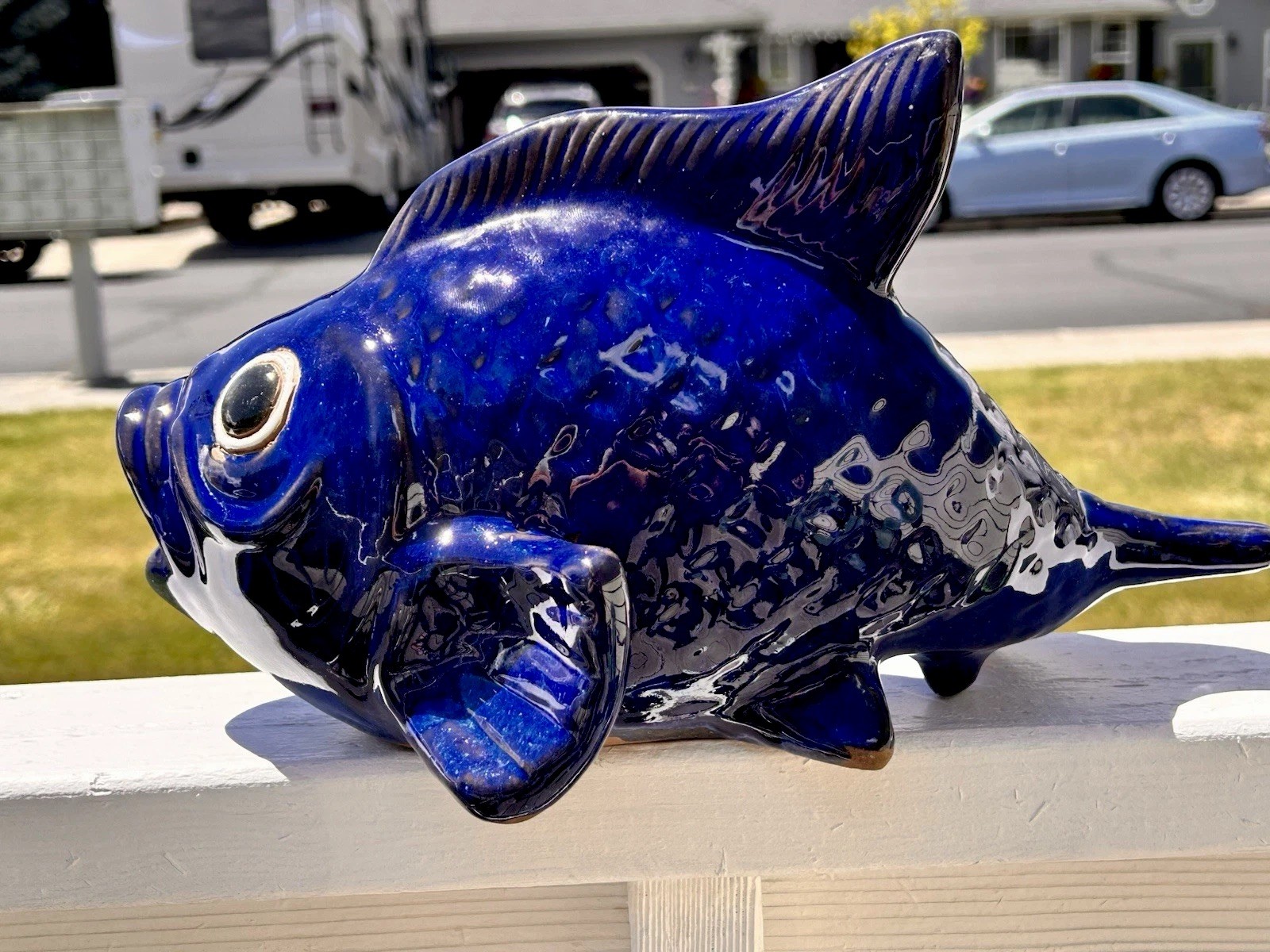 Art Pottery Cobalt Blue Fish Koi Sculpture Garden Decor World Market Approx 12”L