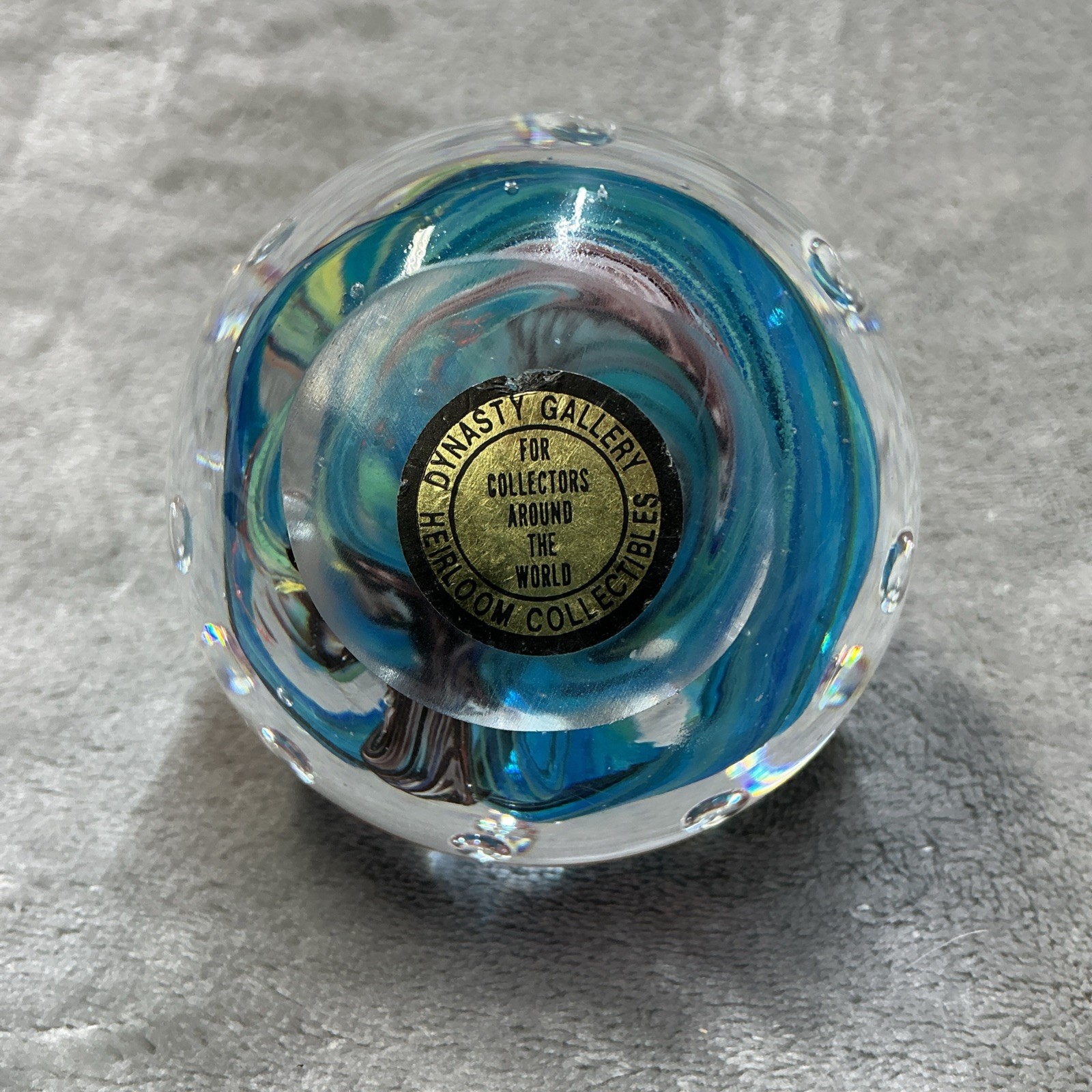 Dynasty Gallery Heirloom Collectibles Paperweight blue green swirls with bubbles