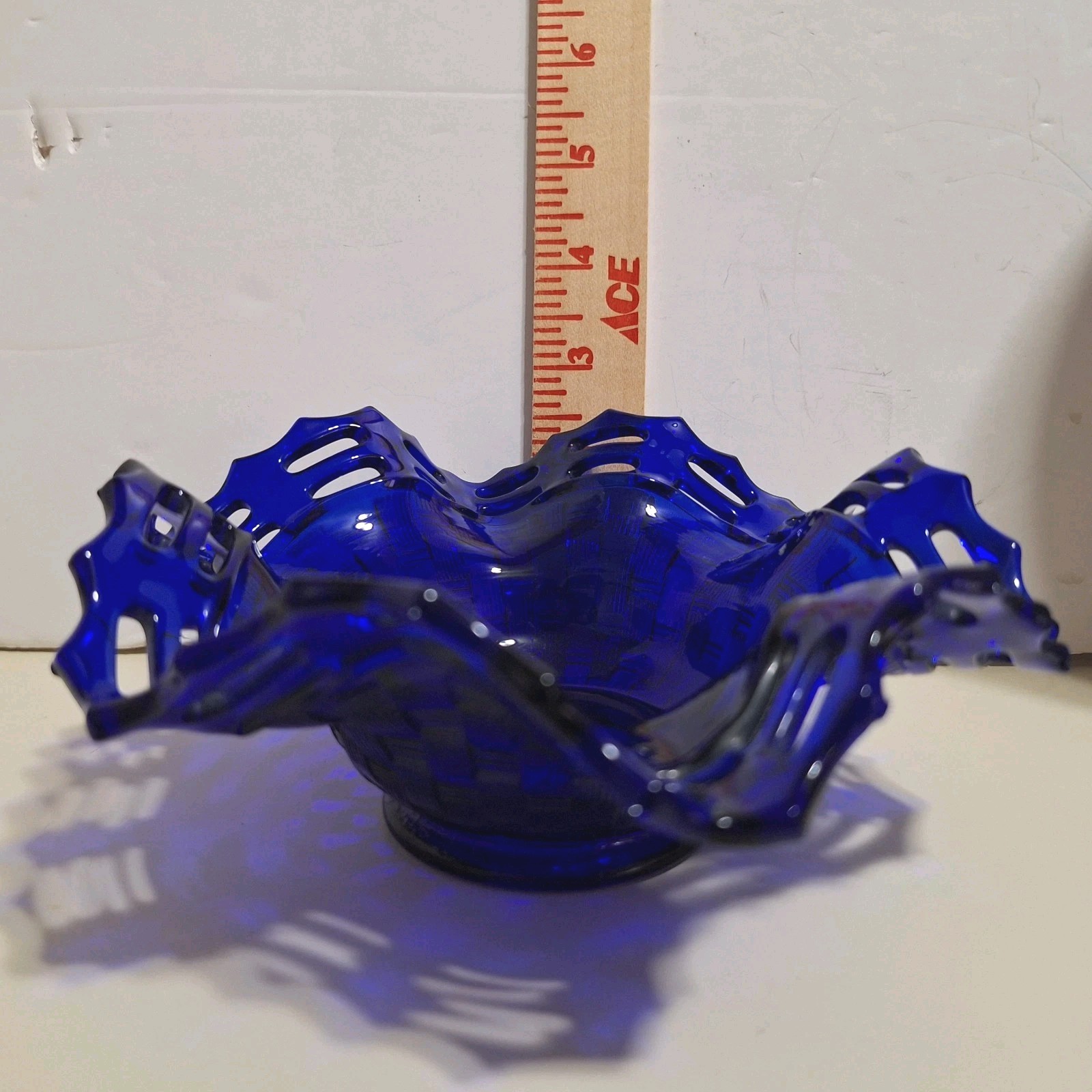 Vintage Fenton Cobalt Blue Open Weave Basket Candy Trinket Dish with Lace Rim