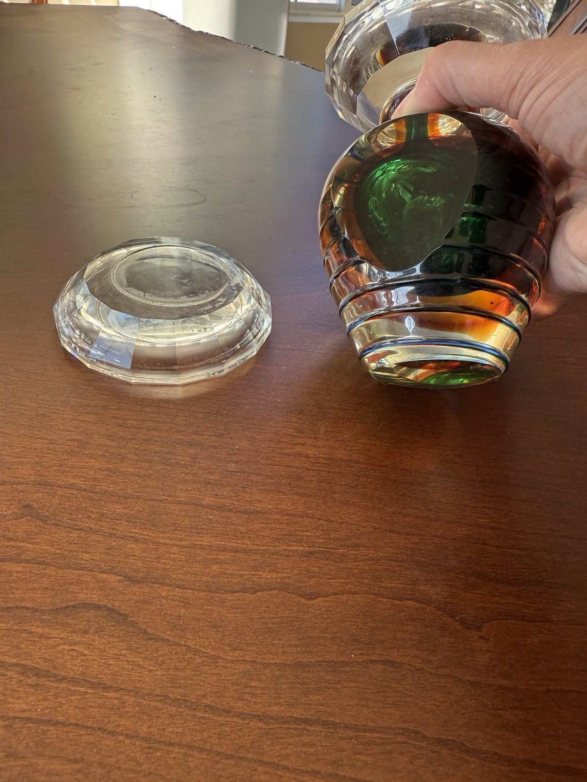 Fifth Avenue Crystal Faceted Clear, Green and Orange Art Glass Candle Holder