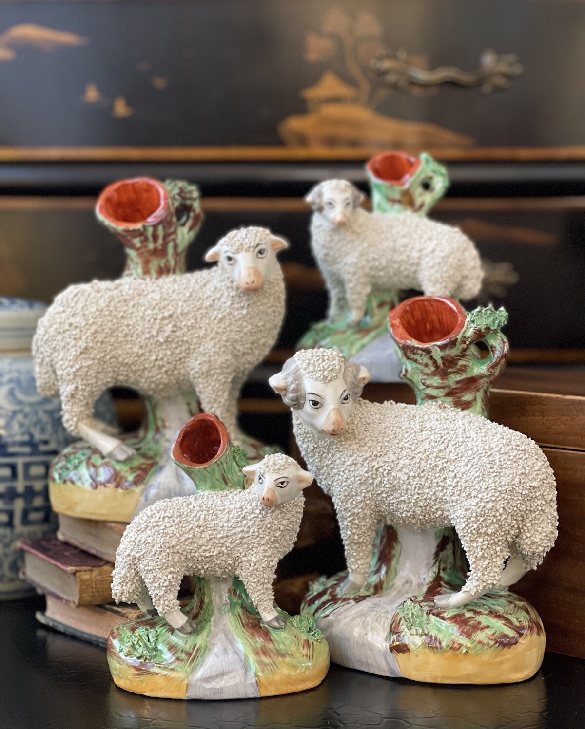 Set 2 Antique Russet English Staffordshire Sheep Lamb Ram Ewe Spill Vase 5/7.25”