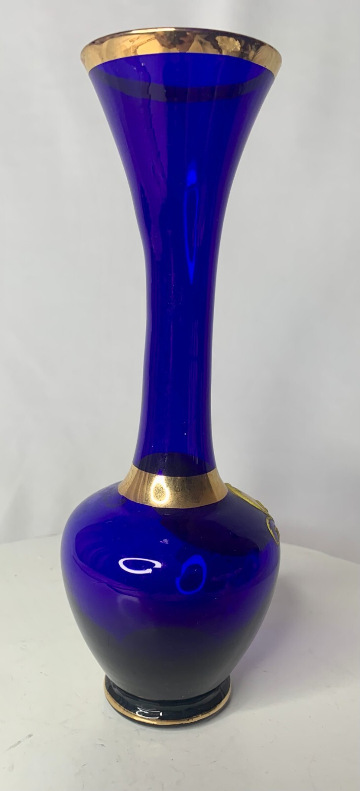 VTG BOHEMIAN MOSER STYLE GLASS Enamel HandPainted Blue Gold Floral BudVase Japan
