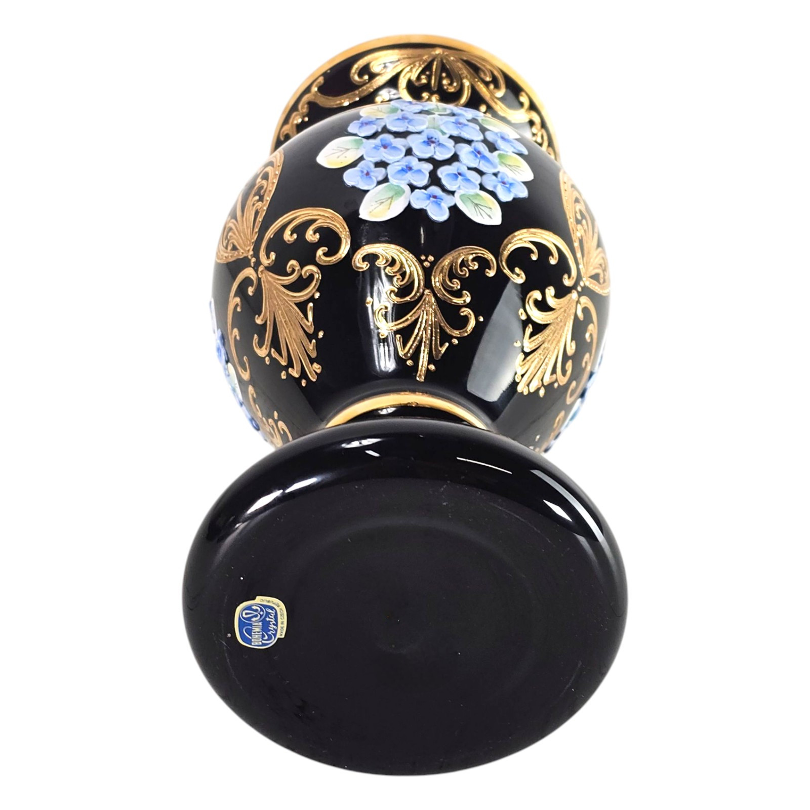 Bohemian High Enameled Hand-Painted Vase Black Amethyst Glass 24K Gold 10″