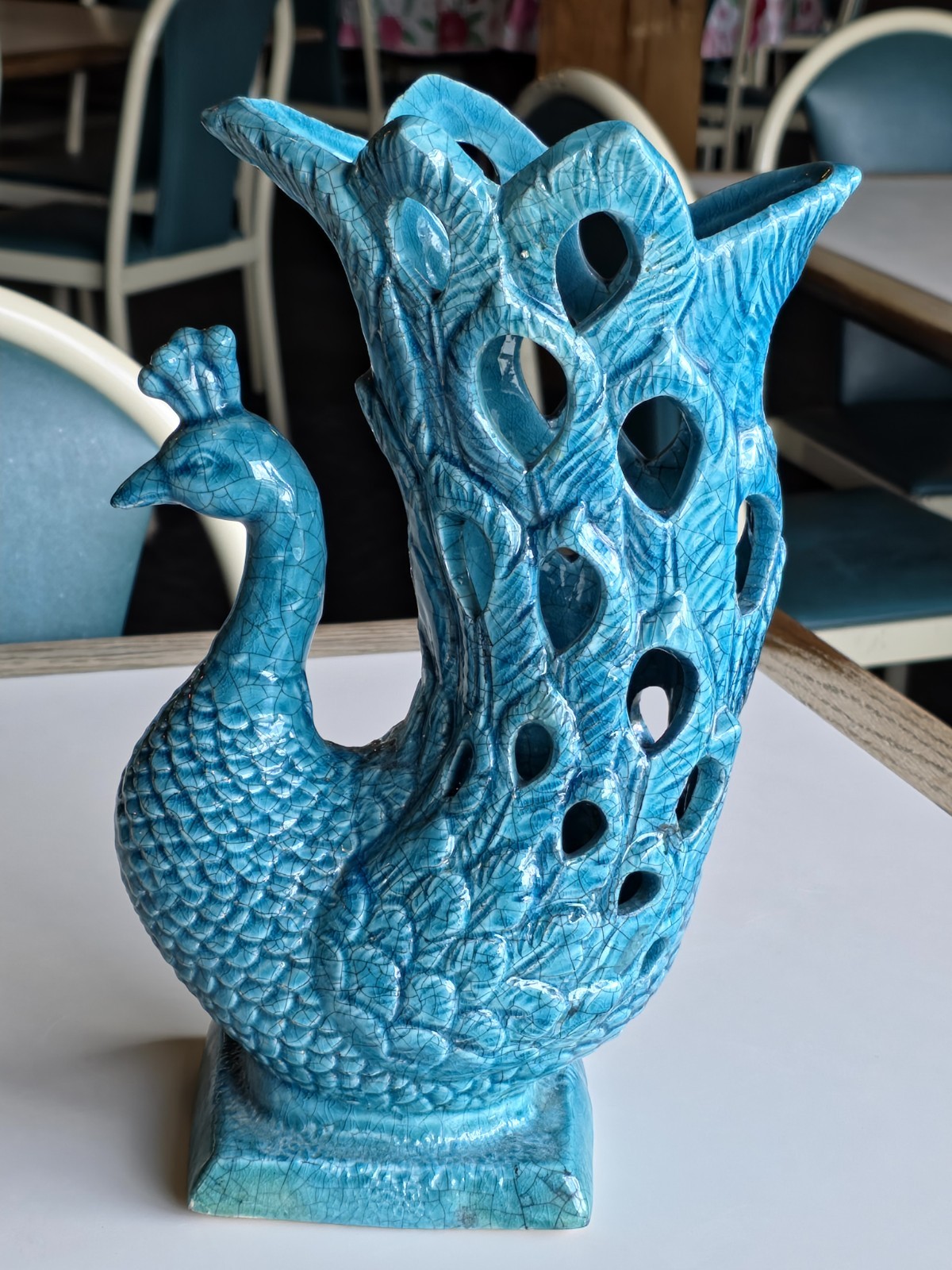 Vintage Blue Crackle Glaze porcelain peacock Figurine Vase 12″