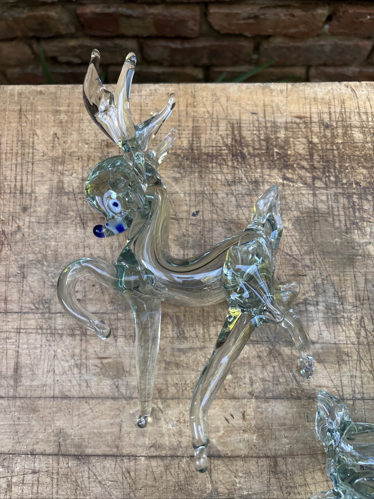 RARE Vintage Hand Blown Glass Sleigh And Reindeer Blue Nose. Read Description
