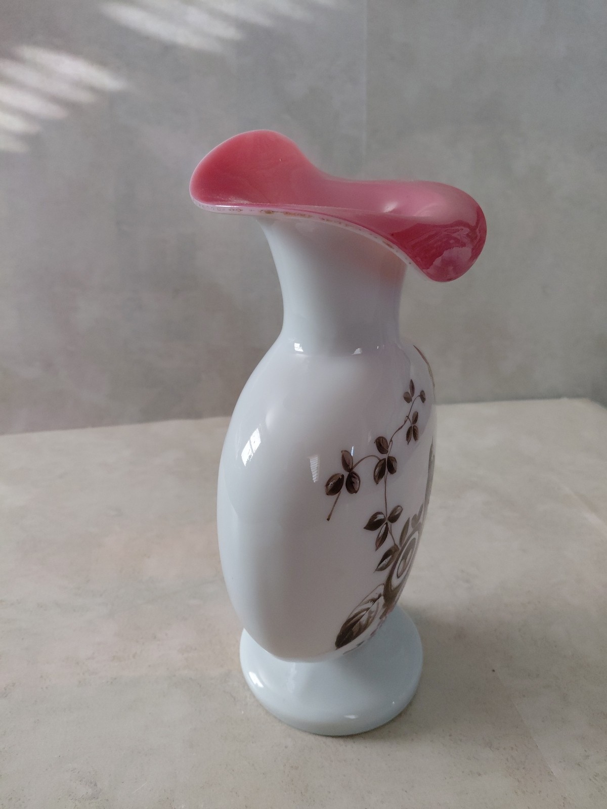 Handblown Vase White Opaline Glass Hand-Painted Nest Bird Butterfly Flowers 19