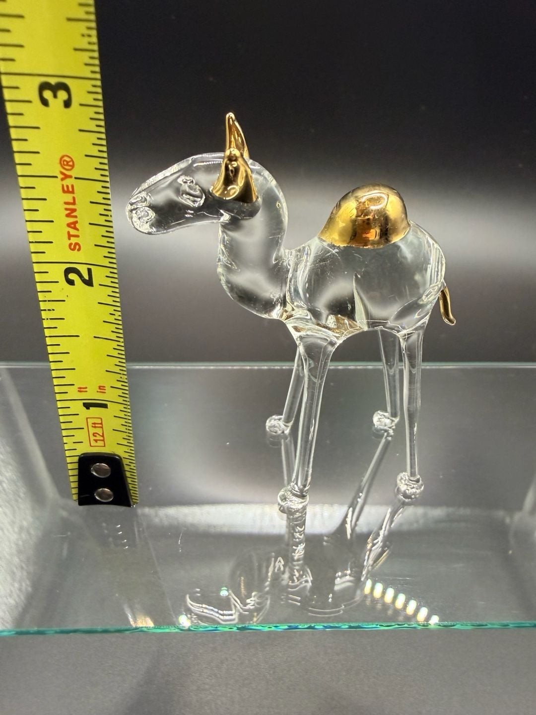 Murano Style Clear Glass Camel Figurine with Gold Accents