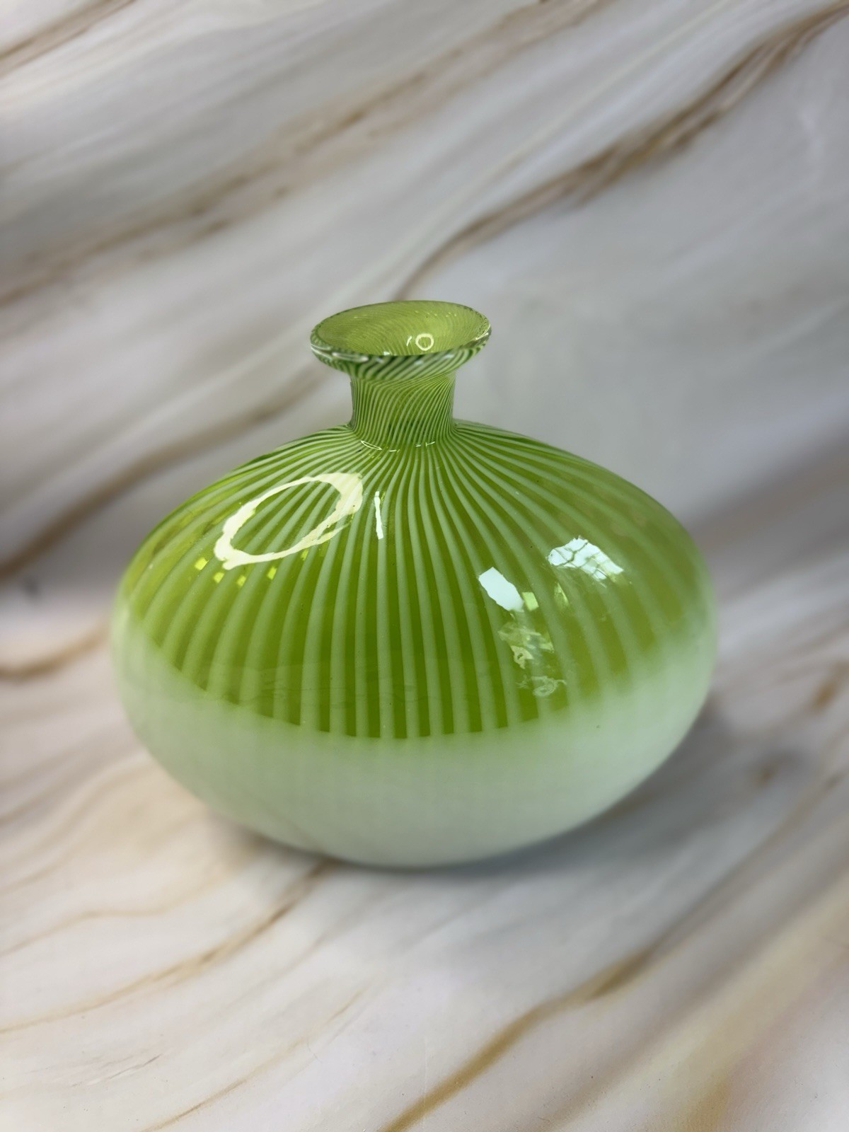 Hand Crafted Art Glass Vase Oval Green White Clear Swirl Stripes 7 3/4″ Tall