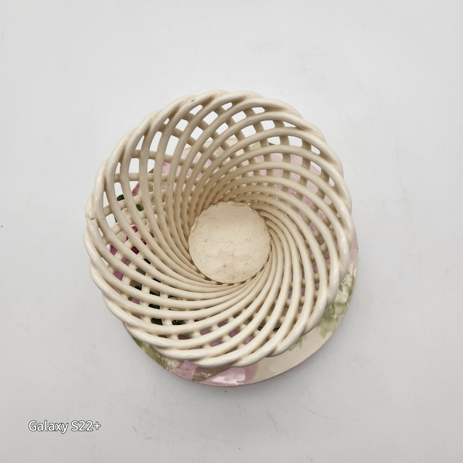 Vintage Woven Lattice Basket Saucer White Ceramic Reticulated Capidamonte Style
