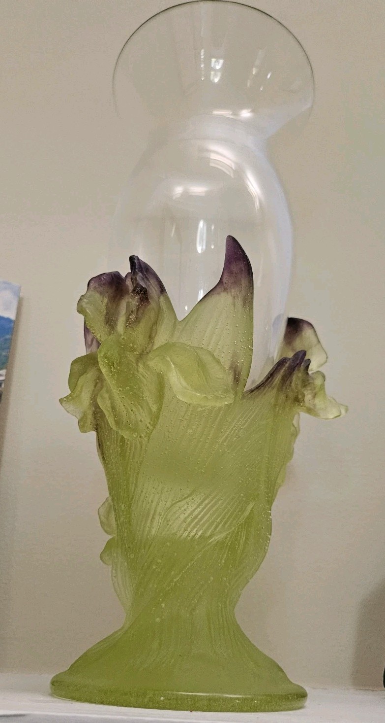 Daum Crystal Iris Vase Pate de Verre Purple & Green, France, Excellent Condition