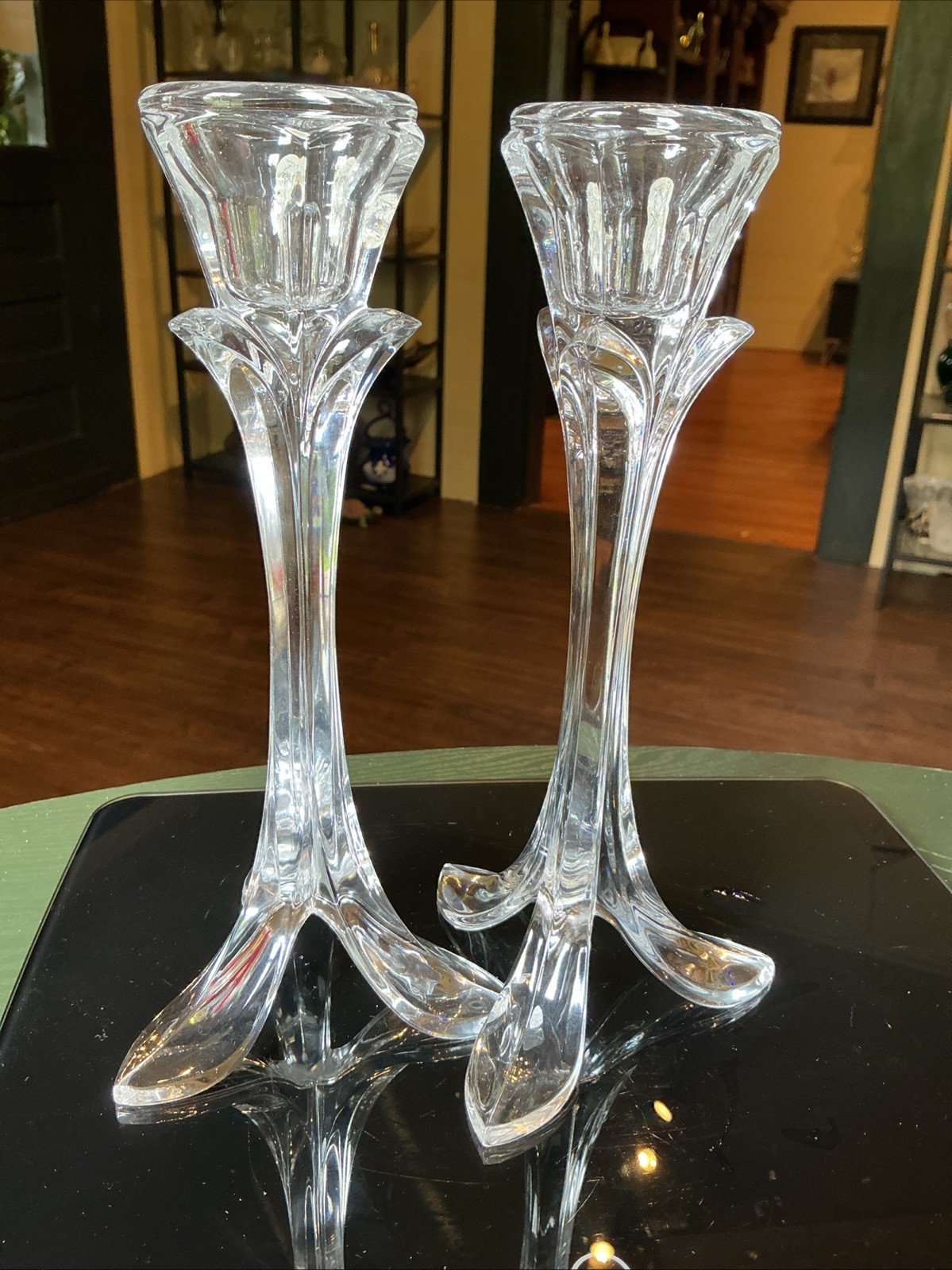 Pair Of Bandol Cristal D’Arques Durand Lead Crystal 8.5” Flower Candlesticks
