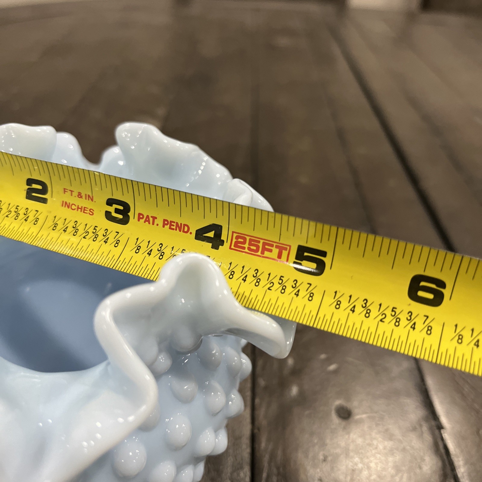 Vtg Fenton Delphite Blue Milk Glass Hobnail Double Ruffle Vase 4 1/4″