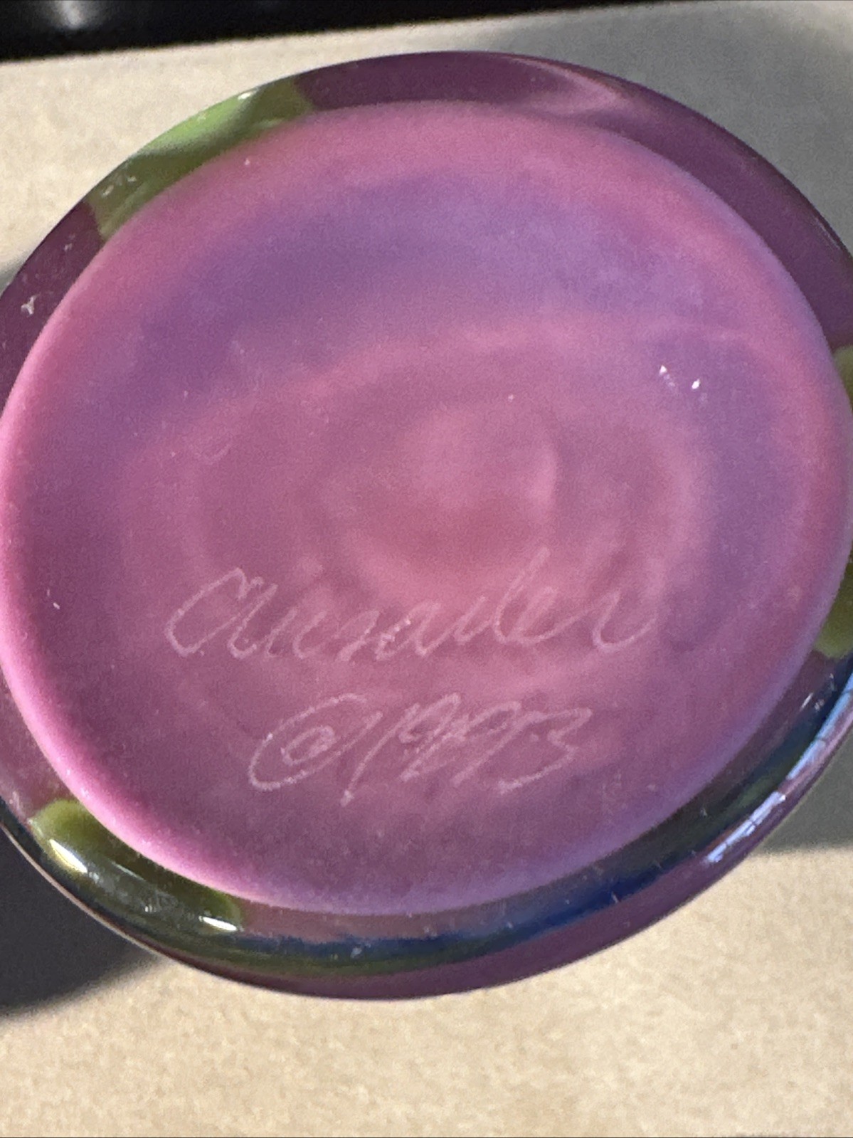 Signed Lavender Art Glass Perfume Bottle & Vase Dresser Set w/Green/Blue Accents