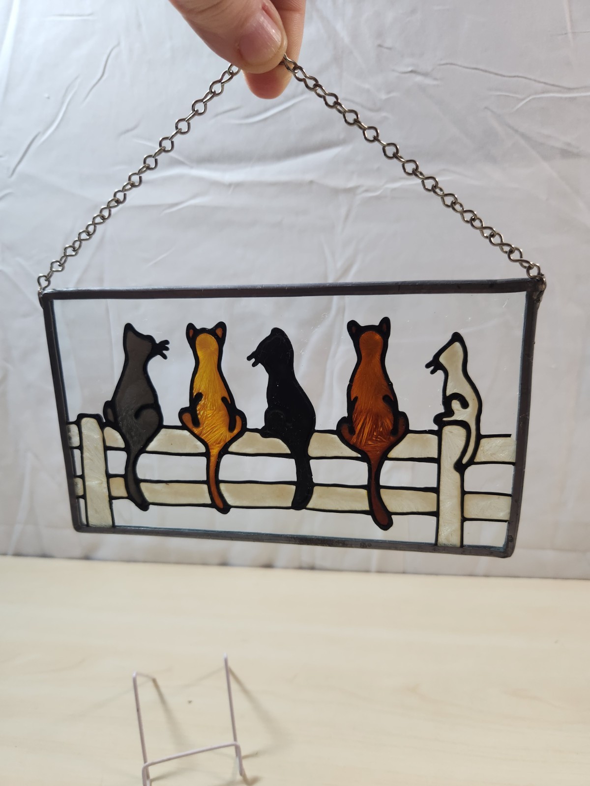 Stained Glass Framed Window Panel FIVE CATS ON A FENCE 7″ x 4 1/8″ Chain Hanger