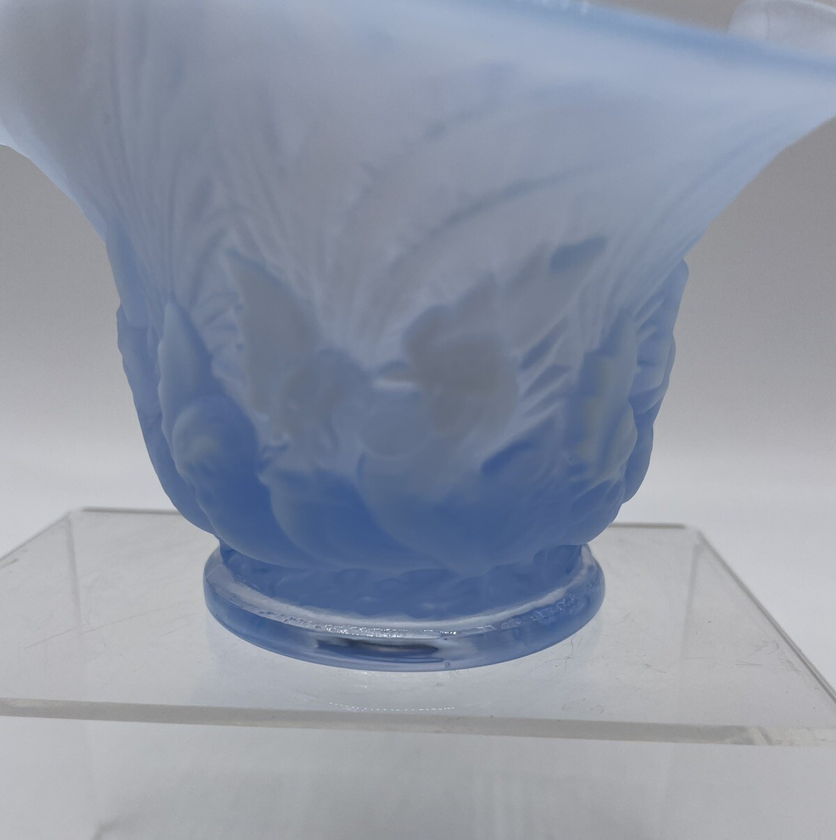 1930s Duncan & Miller Chanticleer Rooster Chicken Frosted Blue Hombre Glass