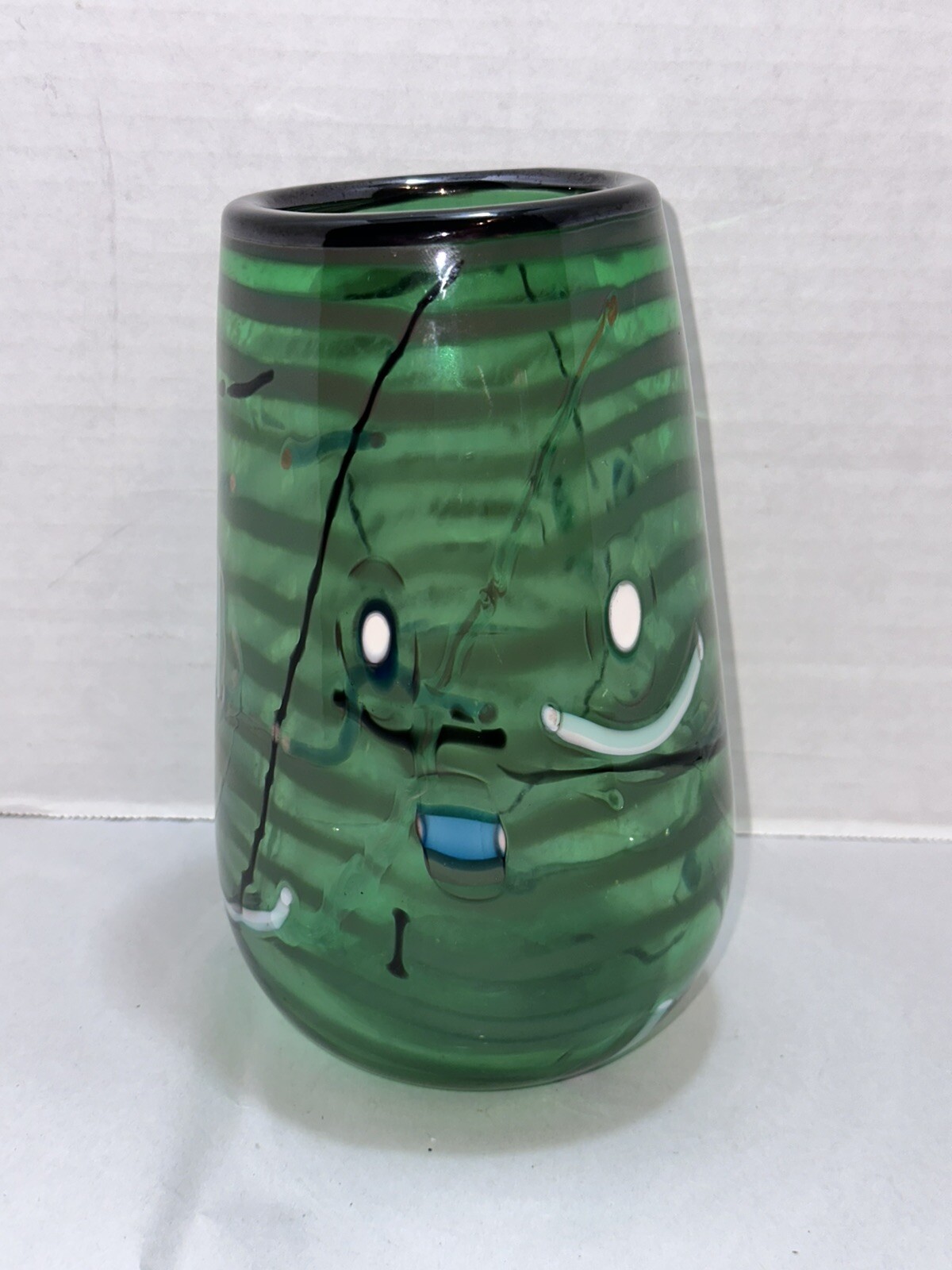Vintage Forest Green Striped Blown Art Glass Face Vase Abstract Art Deco Smiley