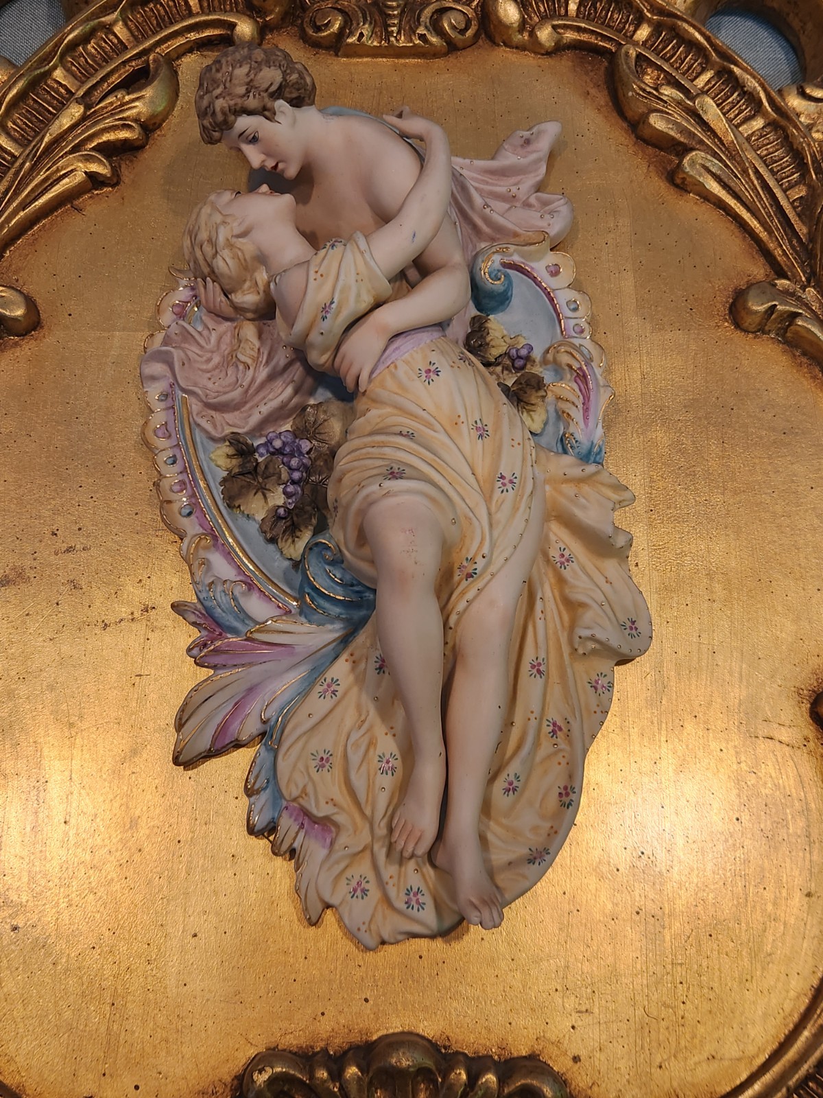 Antique Wall Plaque Pair of Lovers Figural Porcelain Bisque Figurine Couple