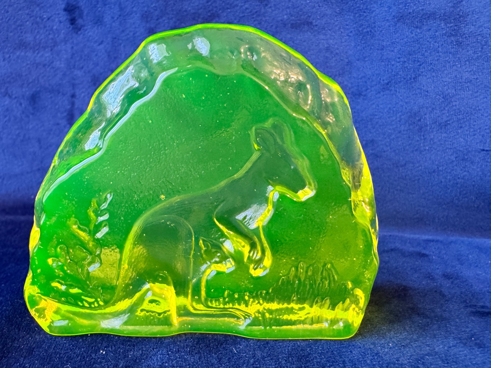 Uranium Glass Kangaroo Solid Paperweight in Vaseline Czech New Glows Green