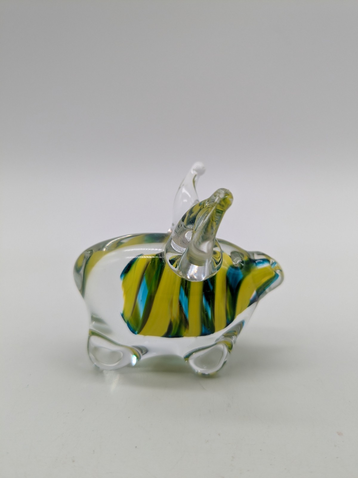 Handblown Glass Pig Figurine Green & Yellow Swirl Small 2″ Marked