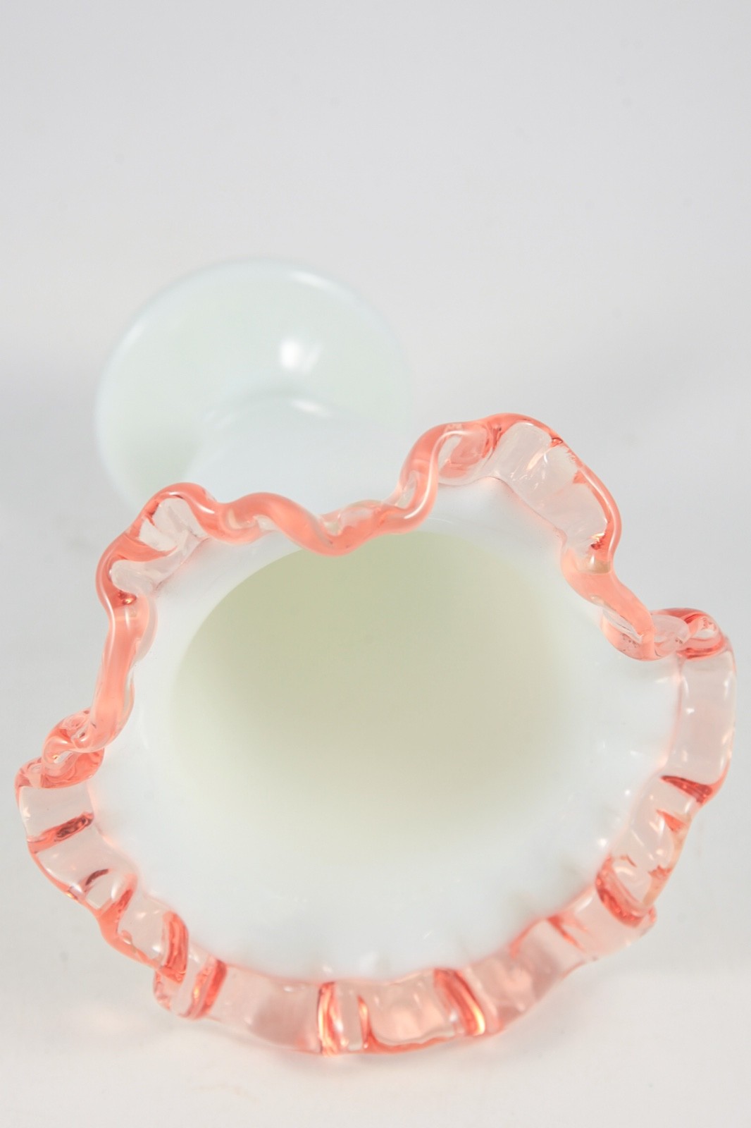 Vintage Fenton Rose Crest Bud Vase Double Crimped Ruffled Pink Milk Glass 1940s