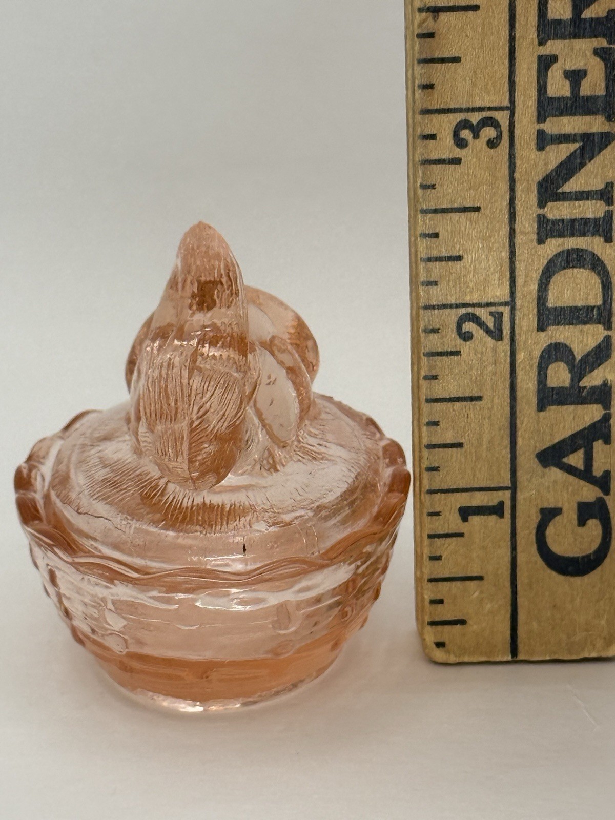 Vintage Bunny Rabbit On Nest Mini Pink Glass Trinket Dish Salt Cellar