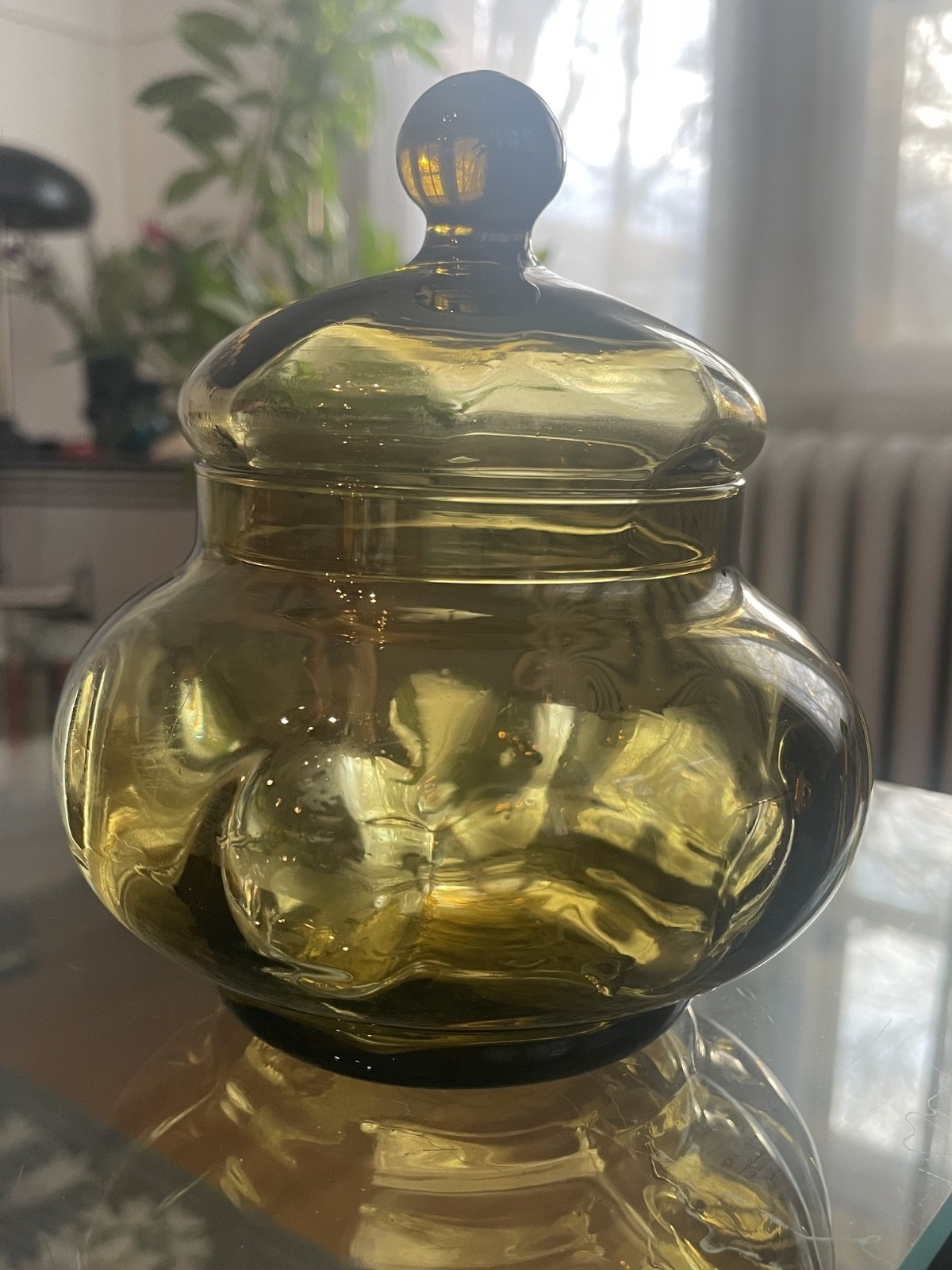 GREEN EMPOLI GLASS CANDY DISH OPTIC LID LIDDED SMALL