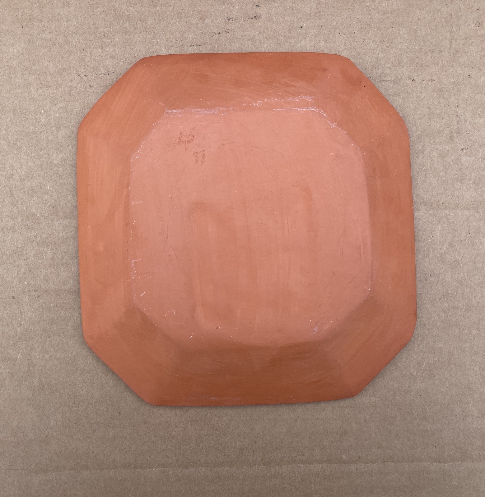 Wonderful Octagonal REDWARE BOWL Tulip Motif Dots PA German Style 8″ Handmade