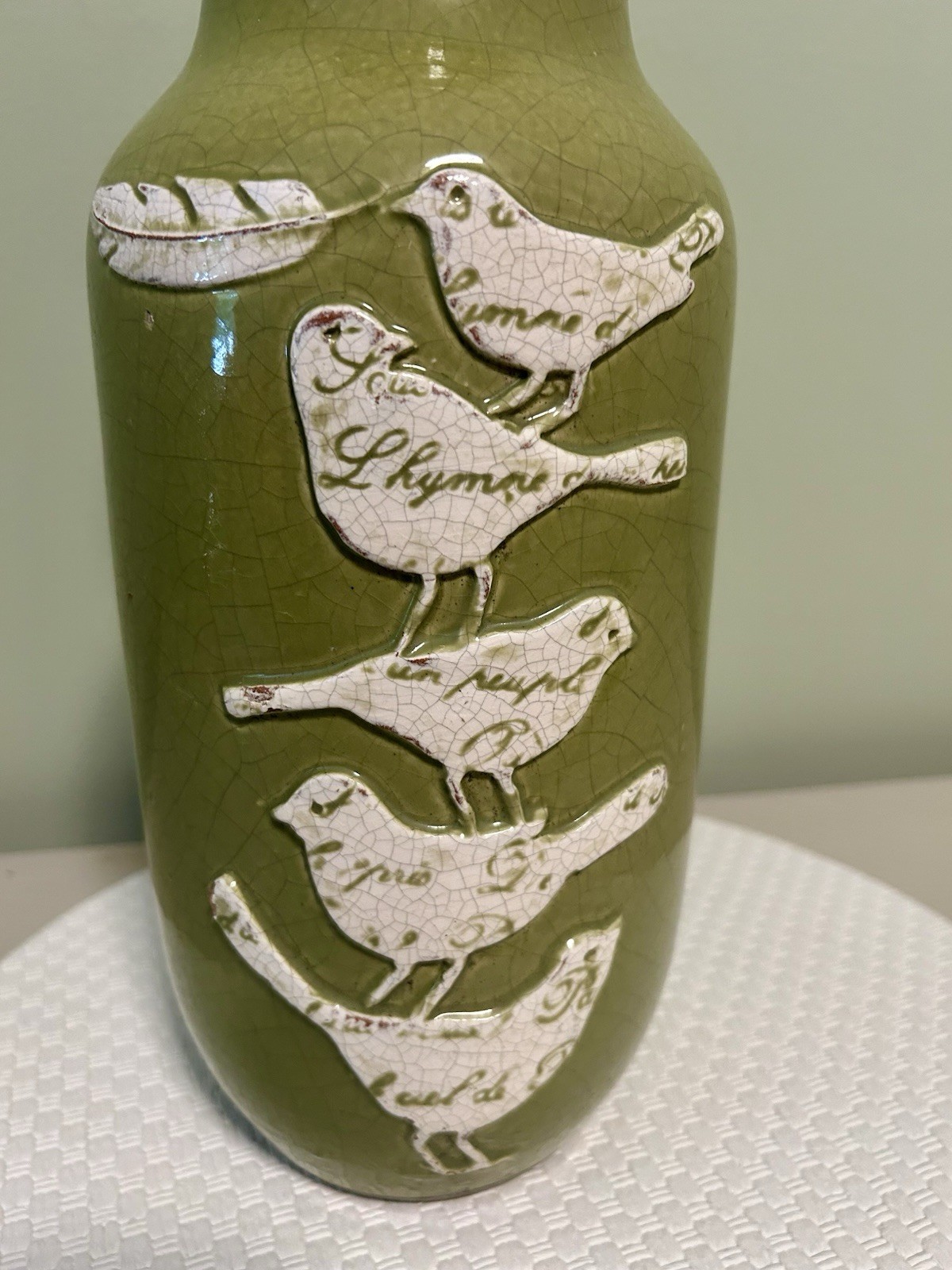 Pottery Vase Birds Crackled Green Art Decorative Gorgeous Heavy Piece. 14” EUC