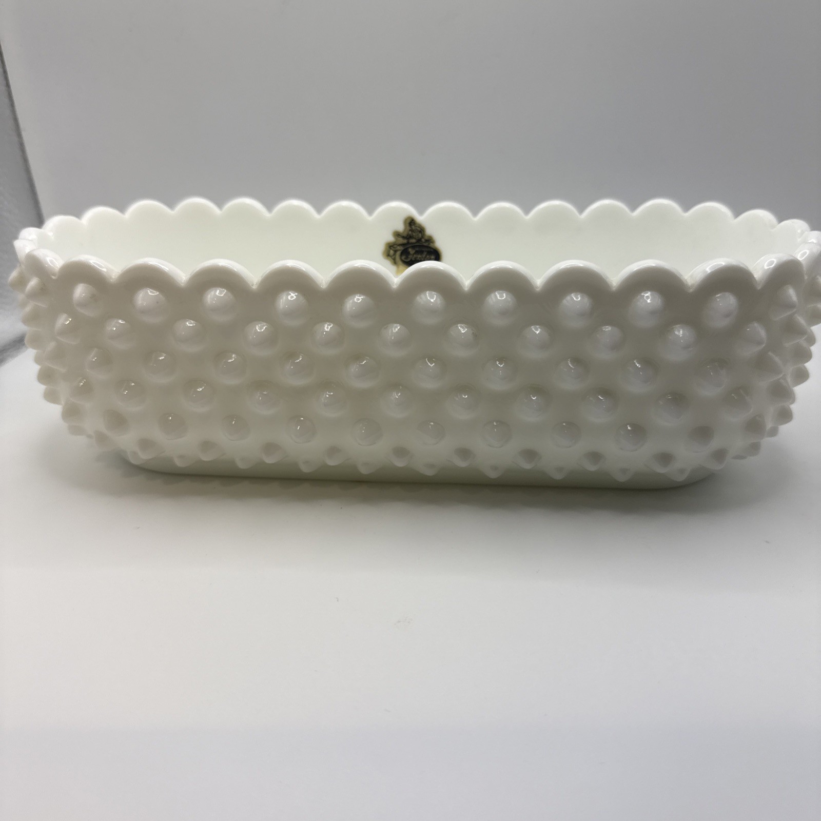 Fenton Oval White Milk Glass Hobnail Planter Dish Scalloped Edge