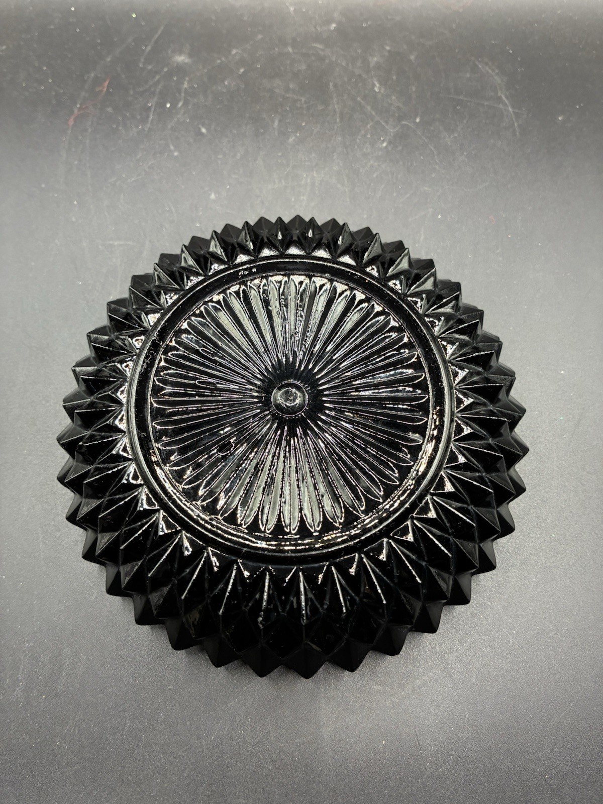 Vintage Tiara Black Glass Diamond Point Round Ashtray Trinket Dish 5” Indiana