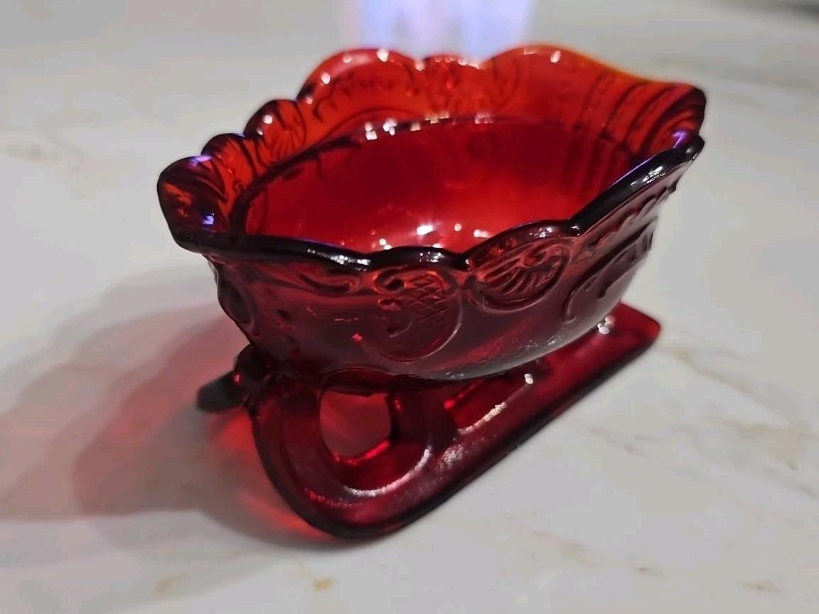 Mosser Ruby Red Santa Sleigh Candy Dish Christmas Holiday USA 5” Marked With M