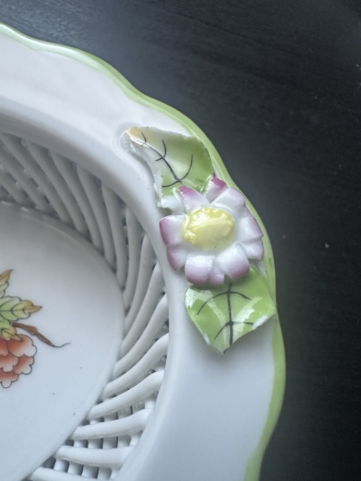 Herend Oval Open Weave Basket 5 1/2″ Porcelain Hungary 7379 *CHIP*