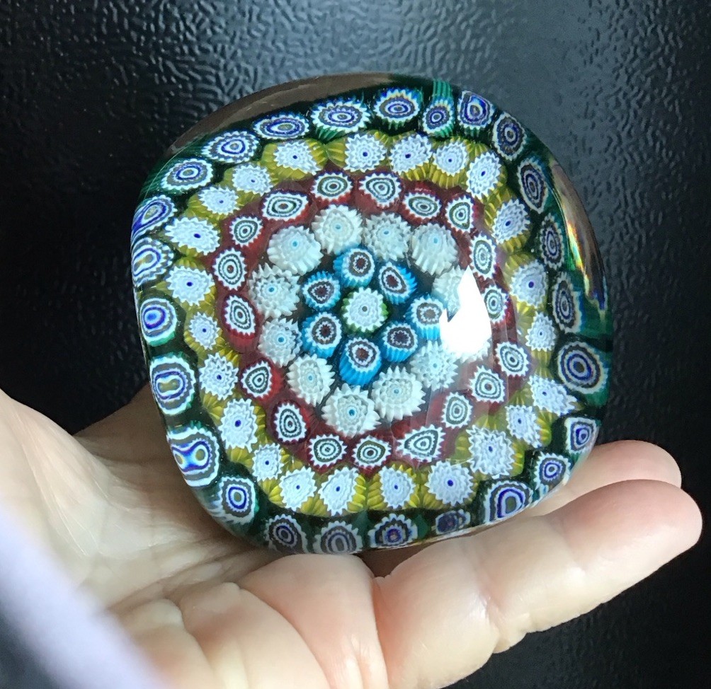 Vintage Murano Unique Square Shaped Concentric Millefiori Paperweight Italy 3”
