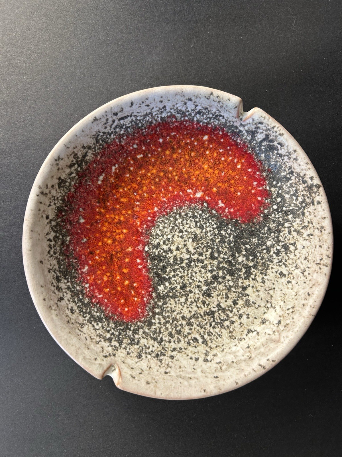 MCM Art Pottery Fat Lava Glaze Orange, White and Black Ash Tray