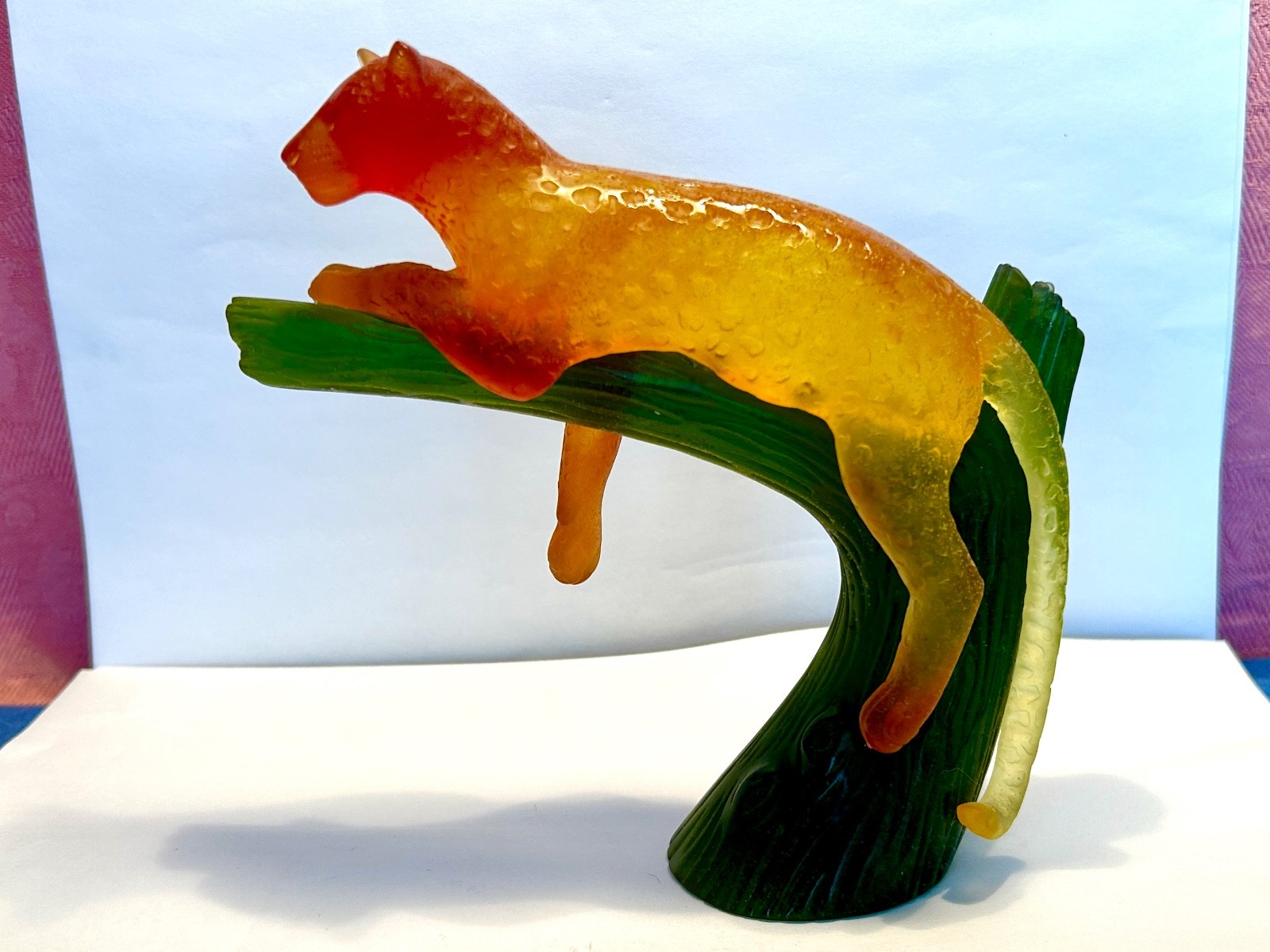 DAUM FRANCE PATE DE VERRE AMBER PANTHER / LEOPARD ON GREEN TREE BRANCH MINT