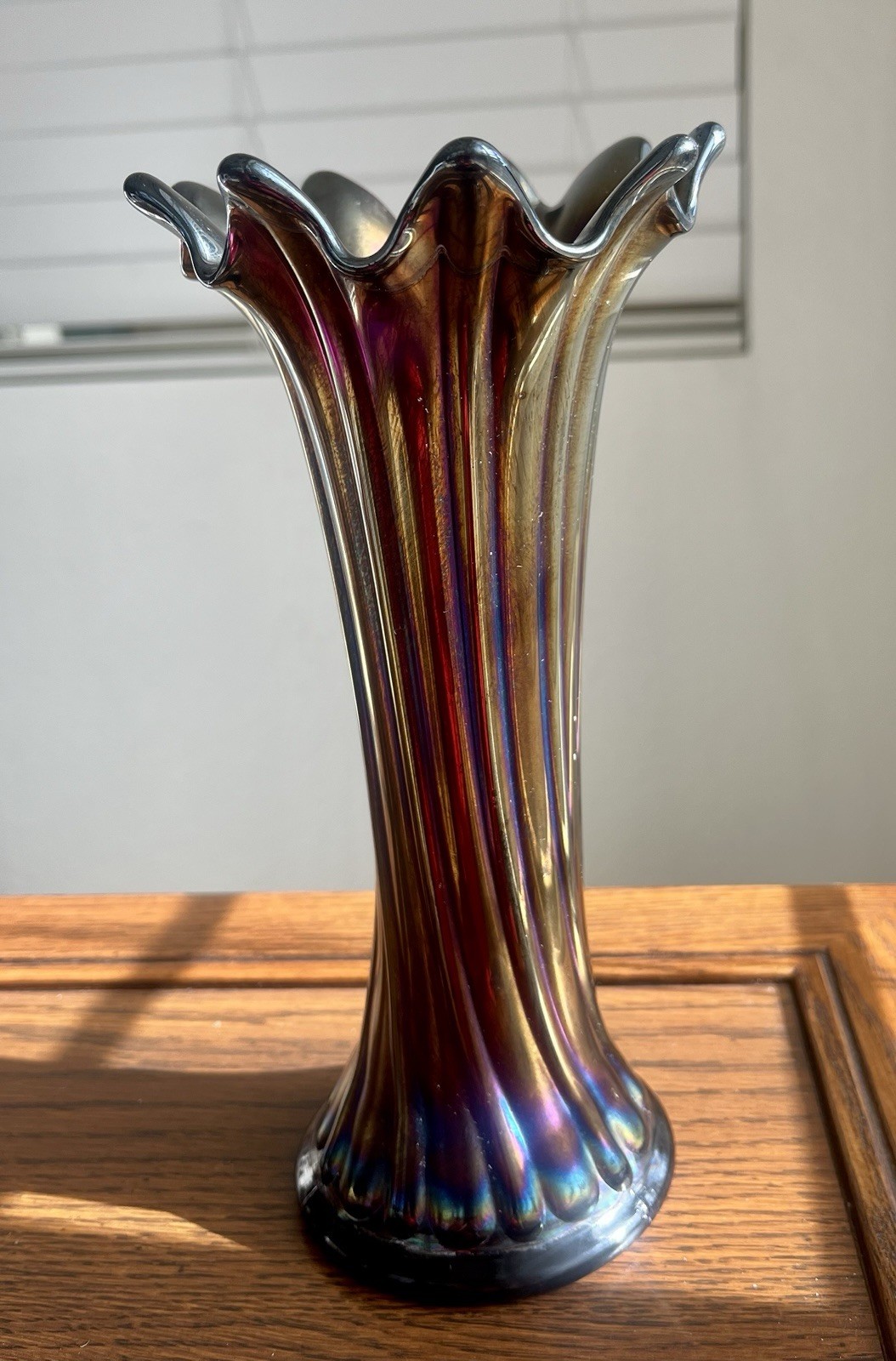 Unmarked Iridescent Ribbed Glass Vase, Ruffled Rim, Purple/Blue/Gold