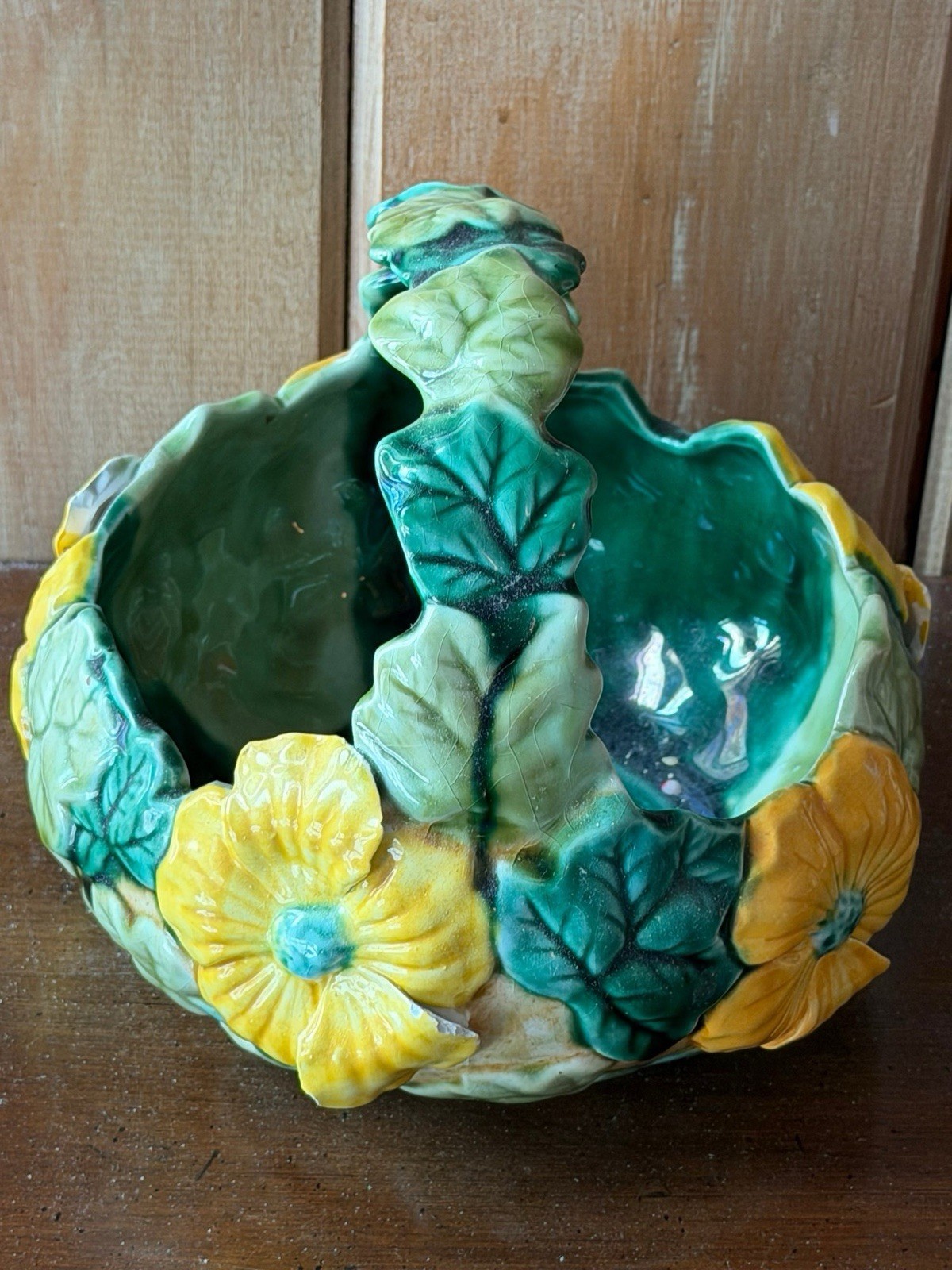 Vintage Art Pottery Floral Basket Bowl Green Yellow Flowers Leaf Handle