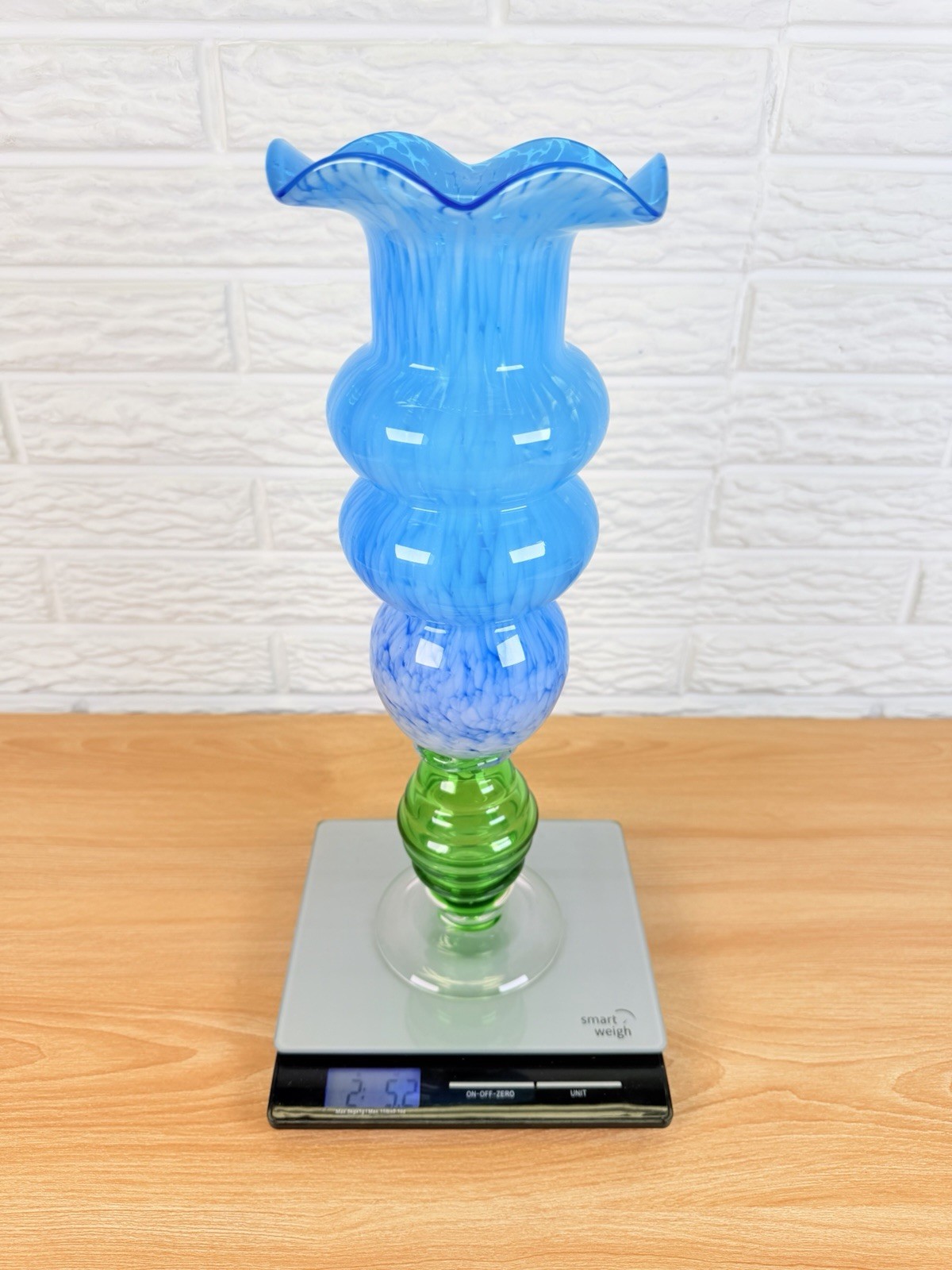 Italian Art Glass Vase 14” Blue White Spatter Green Base Hand Blown MCM