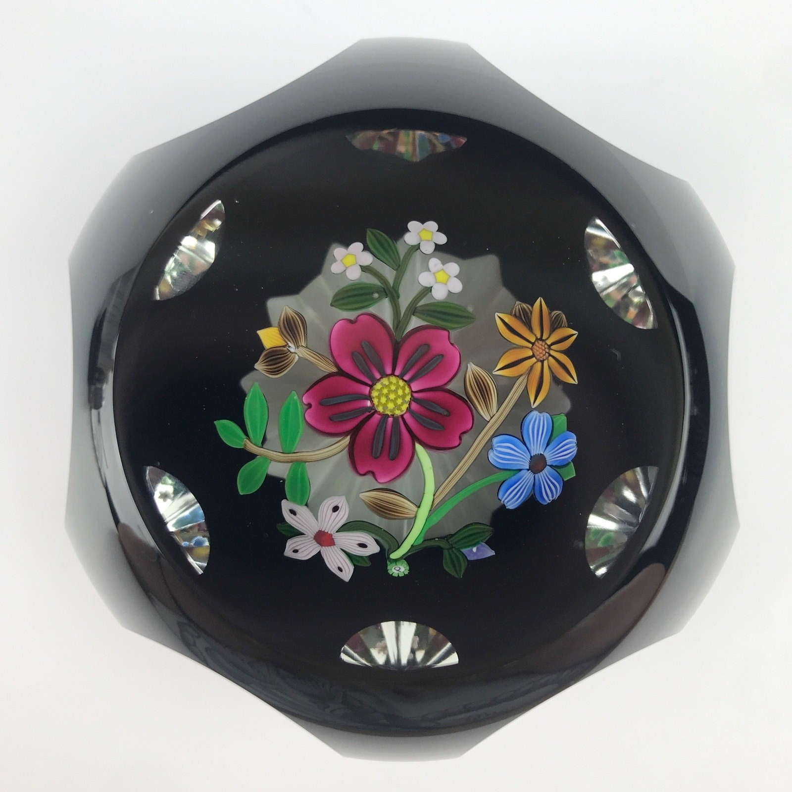 Perthshire 1993F Black Overlay Lampwork Flower Bouquet Faceted Paperweight