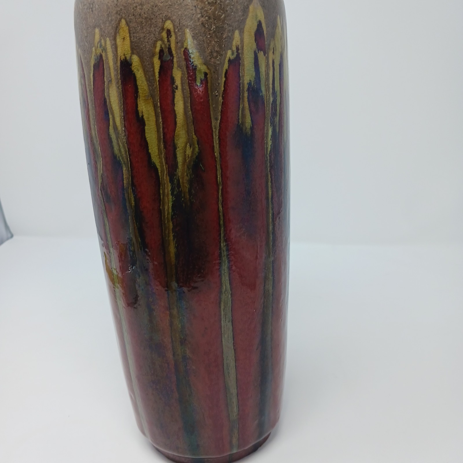 FRENCH ART DECO INSPIRED DRIP GLAZED STONEWARE VASE SIGNED, 12 IN