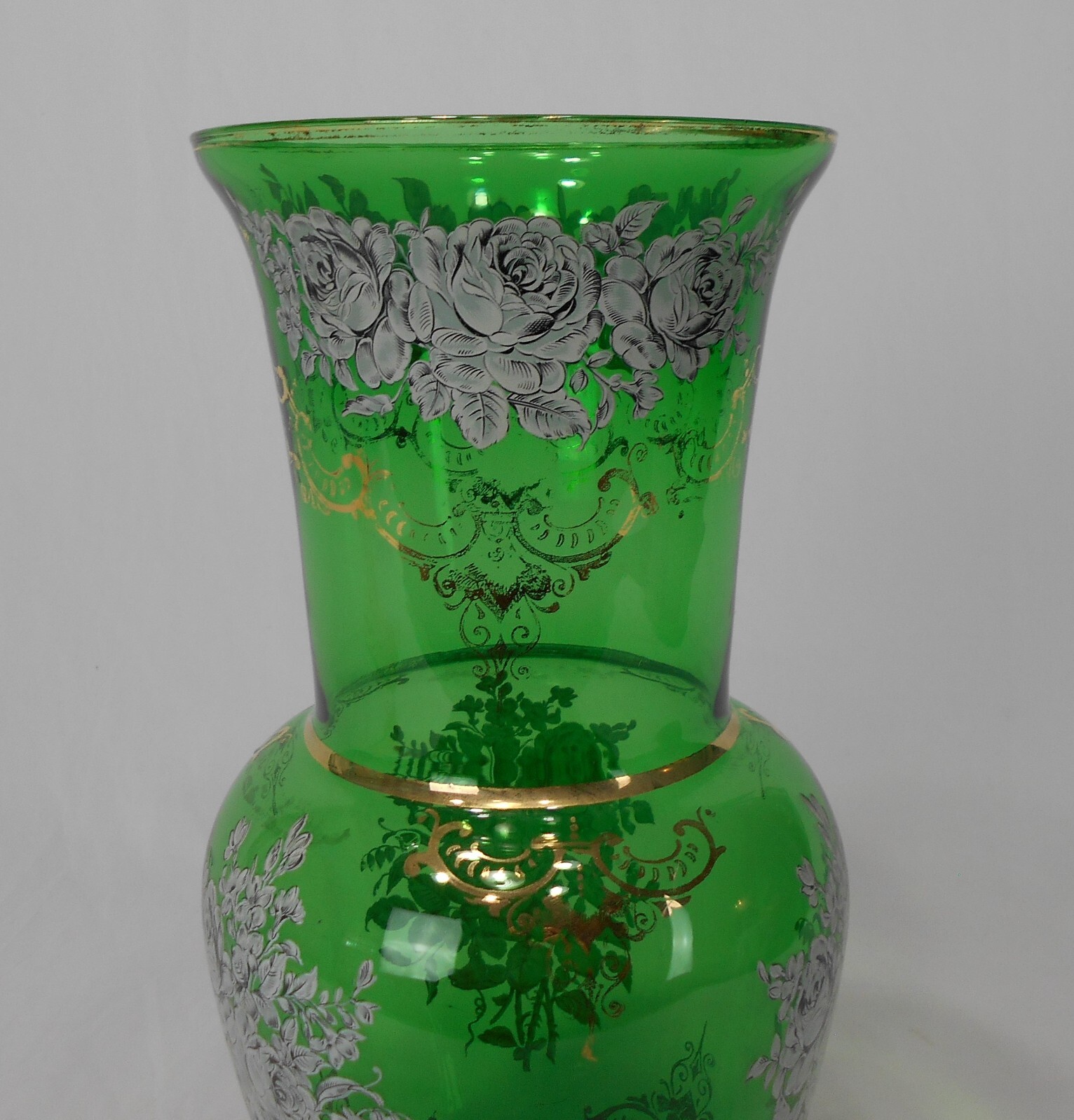 Emerald green & Gold classic Bohemian vintage Hand painted roses Vase 13.5 “