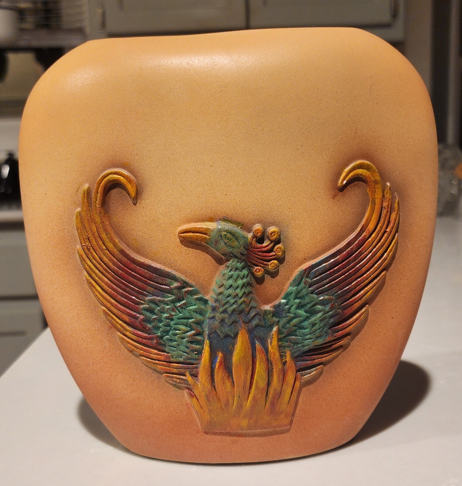 VTG Colorful Ceramic Vase 2D Firy Phoenix Bird Handpainted Pottery 8 Inch 91